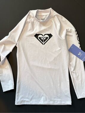 Roxy White Long-Sleeve Swim Tee with Black Heart Logo